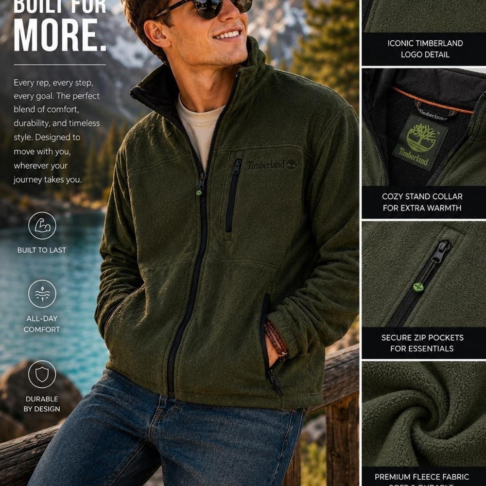 Timberland Fleece Jacket Men's Small Green Full Zip Outdoor Jacket